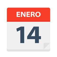 Enero 14 - Calendar Icon - January 14. Vector illustration of Spanish Calendar Leaf