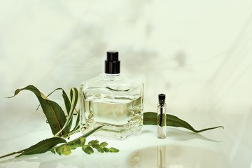 Perfume bottle and sampler with plants on a green natural background. Selective focus. Perfumery...