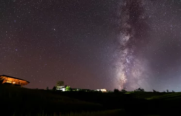 Foto auf Acrylglas Milky Way Galaxy over hut on paddy rice field at night sky. © skarie
