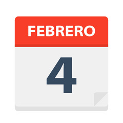 Febrero 4 - Calendar Icon - February 4. Vector illustration of Spanish Calendar Leaf