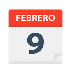 Febrero 9 - Calendar Icon - February 9. Vector illustration of Spanish Calendar Leaf