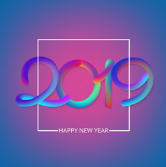 Purple Happy New Year 2019 card with colorful neon figures,illustration EPS10.