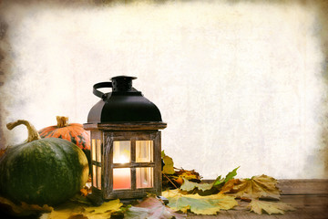 Colorful autumn pumpkins and lantern