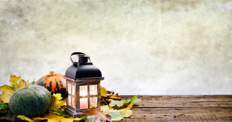 Colorful autumn pumpkins and lantern