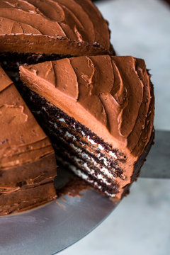 Close up of devil's food cake with black pepper buttercream 