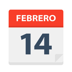 Febrero 14 - Calendar Icon - February 14. Vector illustration of Spanish Calendar Leaf