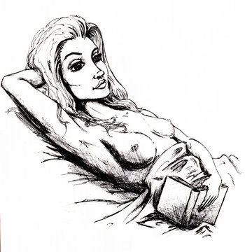 Book reading. Naked girl lying in bed exposing boobs. Drawing in black pencil and ink