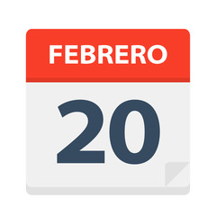 Febrero 20 - Calendar Icon - February 20. Vector illustration of Spanish Calendar Leaf
