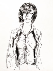 Business lady with a cigarette and jacket unbuttoned. Smoking among women drawing with a pencil and mascara