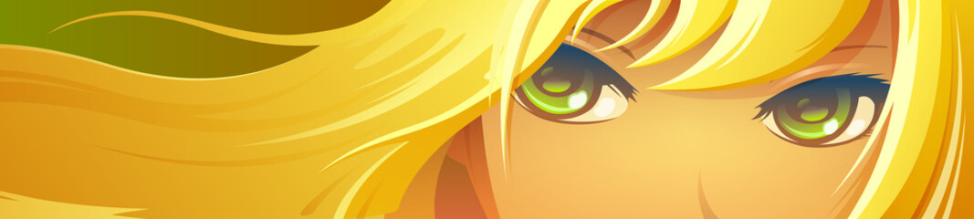 Girl face with green eyes. Cartoon anime style.