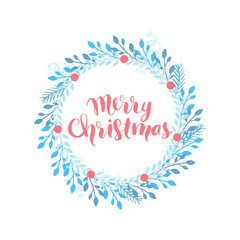 Merry Christmas and Happy New Year vector card. Holidays frame with leaves and branches.