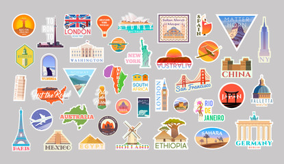 Set of vector travelling stickers colliction. Around the world - obrazy, fototapety, plakaty