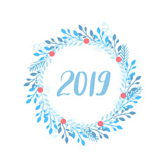 Merry Christmas and Happy New Year vector card. Holidays frame with leaves and branches.