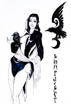 Girl with big boobs in a black shirt holding a crow on his hand. Crow lover. Pencil and ink drawing. Big tits for a woman with a deep neckline.
