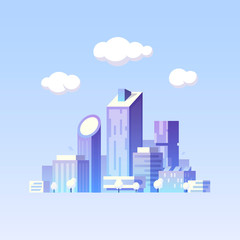 Vector flat illustration. Future city. Modern buildings. Green city
