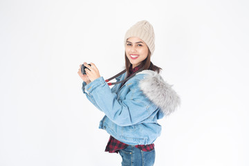 Beautiful traveller woman on white background