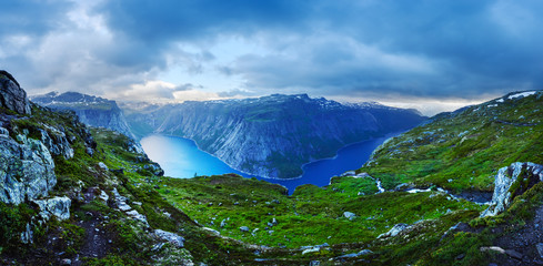 Fototapeta na wymiar Panorama of Ringedalsvatnet lake near Trolltunga rock - most spectacular and famous scenic cliff in Norway