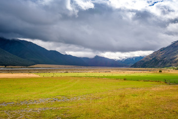 Beautiful mountain and countryside green and yellow landscape. Hills, plains, meadows, prairie,...