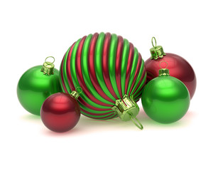 Xmas decoration Christmas balls green red ornate baubles. New Year's Eve wintertime decor hanging. Merry Xmas adornment traditional symbol. 3d illustration