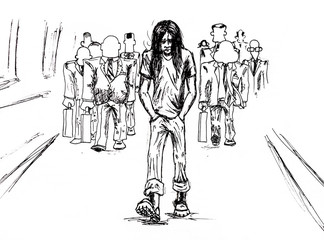 Loneliness in the crowd, and he is one special. The guy in the berets and long hair goes away from the faceless crowd