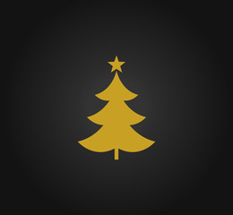 Gold Christmas tree with star on black background.