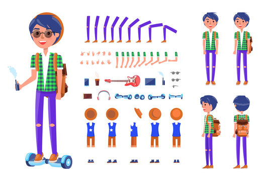 Young Teenager with Hoverboard Icons Set Vector