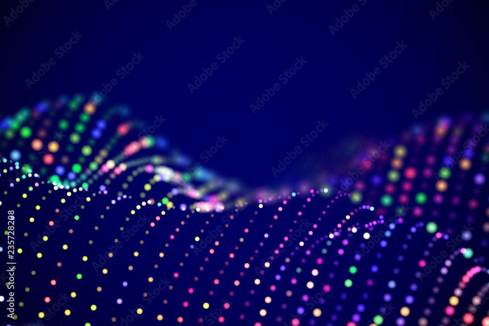 Poster abstract digital landscape or soundwaves with flowing particles. big data technology background. vis