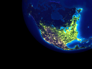 Fototapeta na wymiar North America from space at night. Very high detail of Earth surface with very bright city lights.