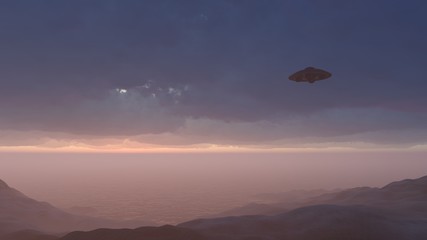 3d render UFO above the ocean

