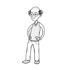 The illustration with old man. The grandfather wearing glasses. Cartoon grandpa. Senior man standing. Isolated vector illustration.