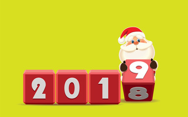 Santa Claus changing date from 2018 to 2019 rotating cubes with numbers isolated on a yellow background