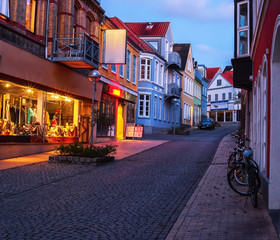 Old colorful street in twilight, Sonderborg, Southern Denmark.