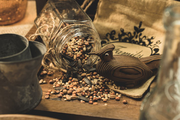 wood bird with seeds