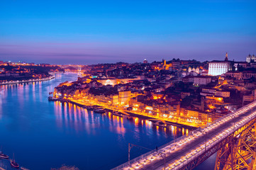 Scenic view of the historic city of Porto  in  the dusk, Portugal.