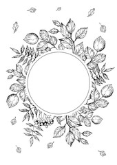 Floral decorative frame with forest tree brunches and leaves. Hand drawn illustration. Vector