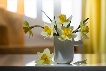 Yellow daffodils in a white cup against the window. Still life.