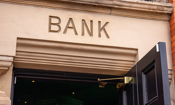 Bank sign above open door