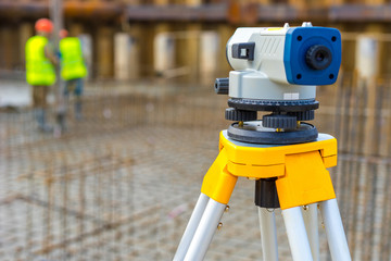 Geodesy. Geodetic works. the establishment of boundaries of land. Engineering and geodetic surveys. Topographical survey. Geodesic brigades. geodetic works on the construction site - obrazy, fototapety, plakaty