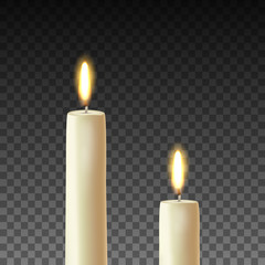 Vector set of realistic white burning candles isolated on a transparent background.