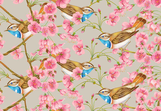 Cherry-tree flowers with a bird . Seamless background pattern. Version 5