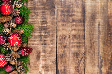 Christmas greeting card wooden background.