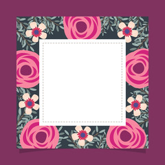 Floral greeting card and invitation template for wedding or birthday anniversary, Vector triangle square shape of text box label and frame, Rose flowers wreath ivy style with branch and leaves.