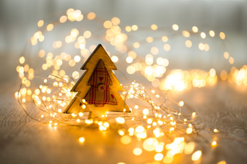 Christmas greeting card. Festive decoration on bokeh background. New Year concept. Copy space.  Flat lay. Top view.