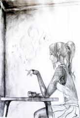 Obraz na płótnie Canvas The girl at the table drinks coffee and nervously smokes. Holes on the sleeves. Pencil drawing