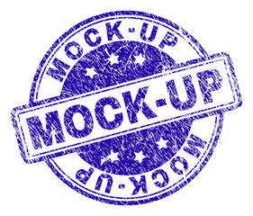 MOCK-UP stamp seal imprint with grunge texture. Designed with rounded rectangles and circles. Blue vector rubber print of MOCK-UP label with corroded texture.