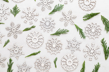 Christmas composition. Gifts, stars  decorations on white background. Christmas, winter, new year concept. Flat lay, top view, copy space.