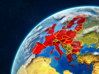 European Union on realistic model of planet Earth with country borders and very detailed planet surface and clouds.