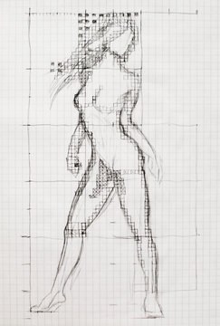 The process of drawing the body of a naked woman on a notebook sheet. Tutorial drawing