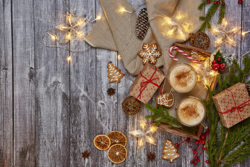 Christmas ornaments, gingerbread cookies and coffee