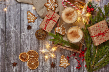Christmas ornaments, gingerbread cookies and coffee